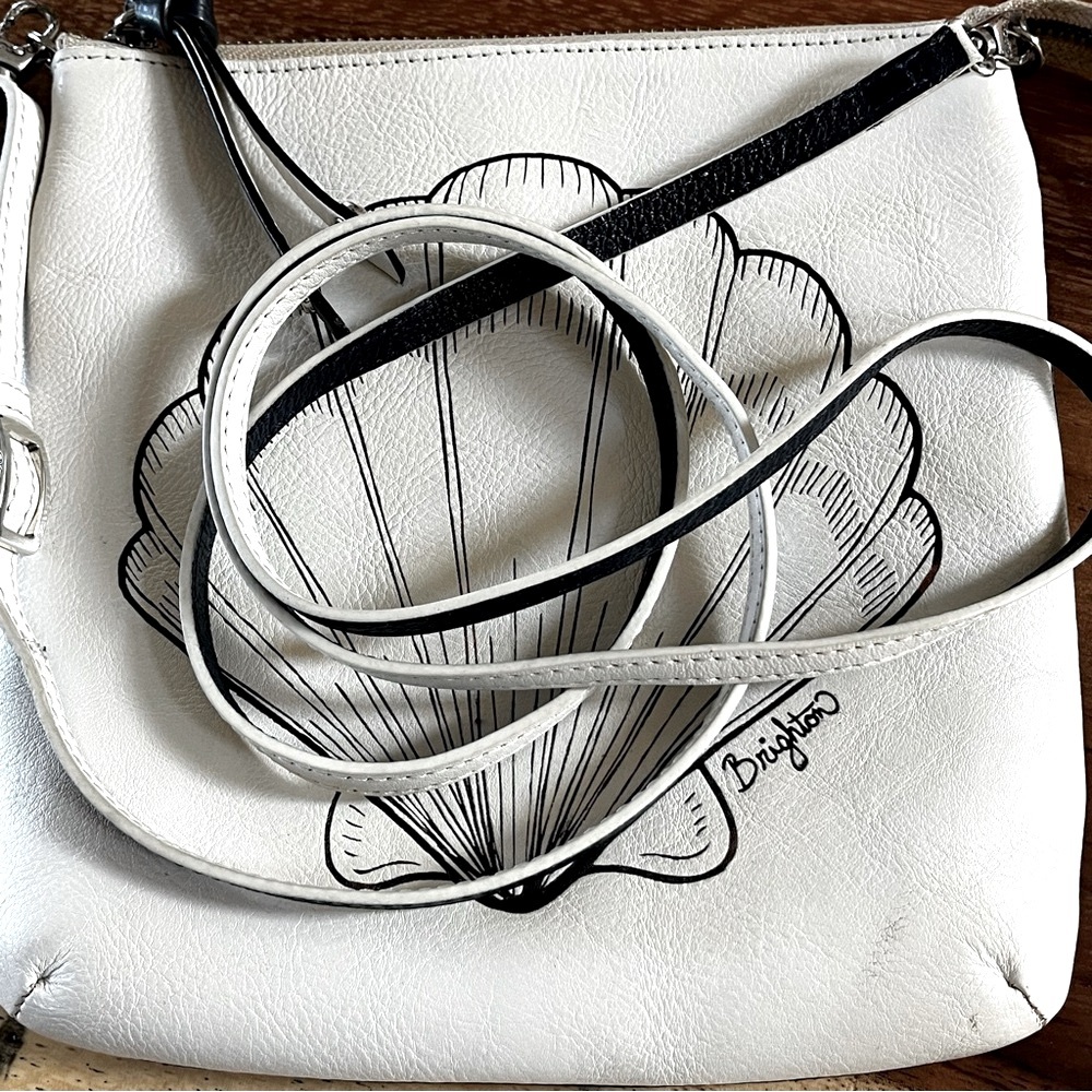 BRIGHTON Leather Mini Crossbody Bag |Seashell Graphic | Cream Navy Coastal Chic - Picture 11 of 16